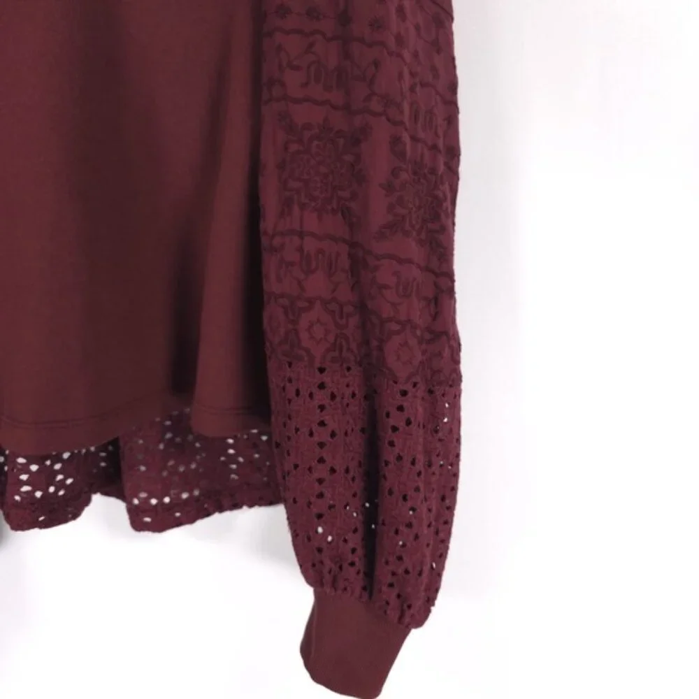 Anthropologie Plum Eyelet Yoke VNeck Pullover Sweatshirt Ballon Sleeve Top SMALL